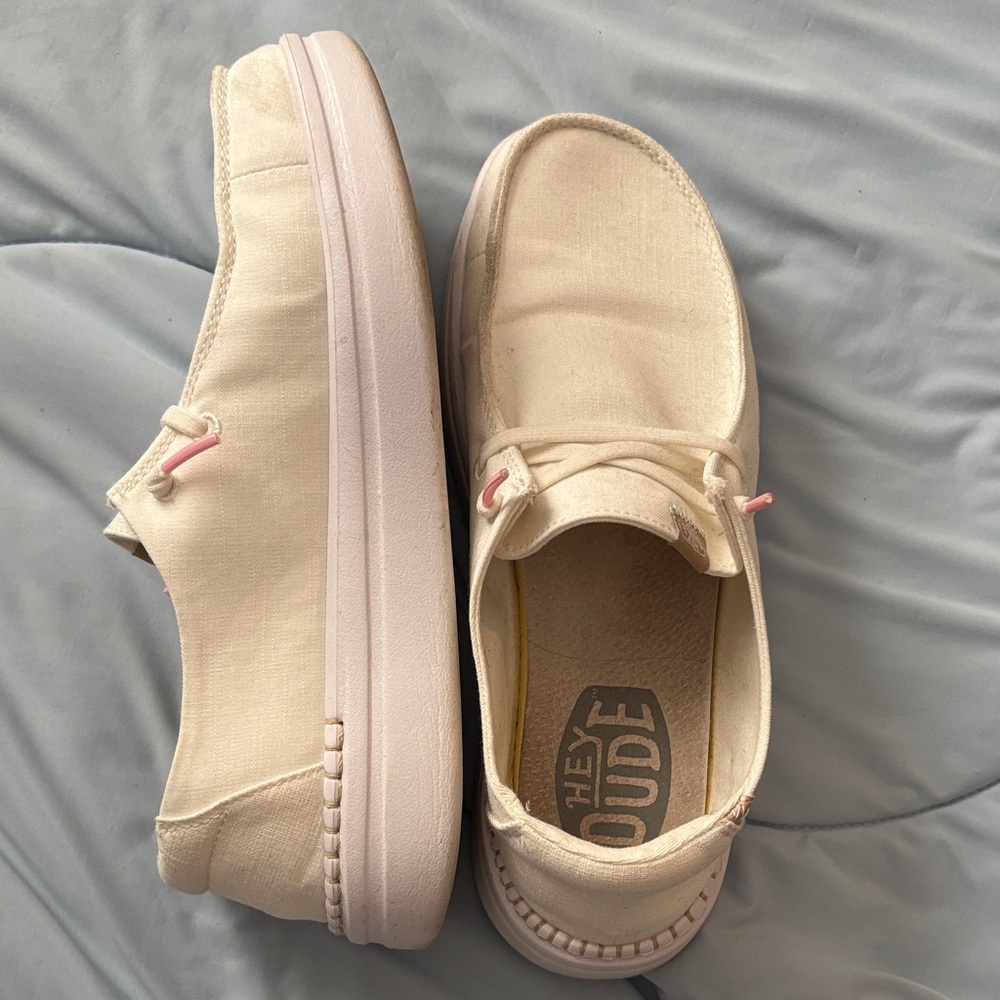 Hey Dude White Canvas Slip-Ons with Pink Accent